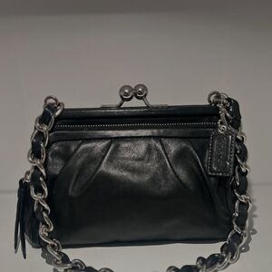 Coach Parker Kisslock Black Leather Chain Shoulder Bag